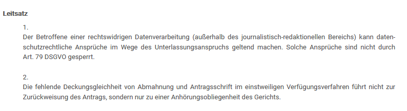 Loeffel_Abrar's tweet photo. Landgericht Frankfurt/M: Verbot der rechtswidrigen Datenverarbeitung im Wege der Beschlussverfügung (für Nichtjuristen: ohne mündliche Verhandlung) und Waffengleichheit in einstweiligen Verfügungsverfahren 

Beschluss vom 15. Oktober 2020, 2-03 O 356/20
https://t.co/mYBO5bmhY2 https://t.co/hhNVhKeh9k