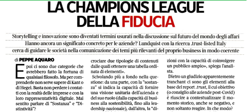 Webuild_Group's tweet photo. 🏆#Webuild “Nella champions league della fiducia”! Il Gruppo nella gold class dell’analisi @Lundquist #dottrust sulla comunicazione digitale. Concretezza, trasparenza e distintività le parole chiave dell’analisi. Oggi su @CorInnovazione @Corriere https://t.co/R4YFtclgqD