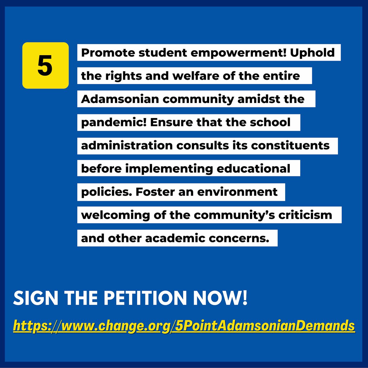 AnakbayanKalaw's tweet photo. PUSH FOR THE 5-POINT ADAMSONIAN DEMANDS! READ, SIGN, AND SPREAD THE PETITION: https://t.co/IiPzQOjGSY

#WalangIwananAdamsonian
#LigtasNaBalikEskwela
#NoOneLeftBehind
#5ptAdamsonianDemands https://t.co/zsF1ecKMDk