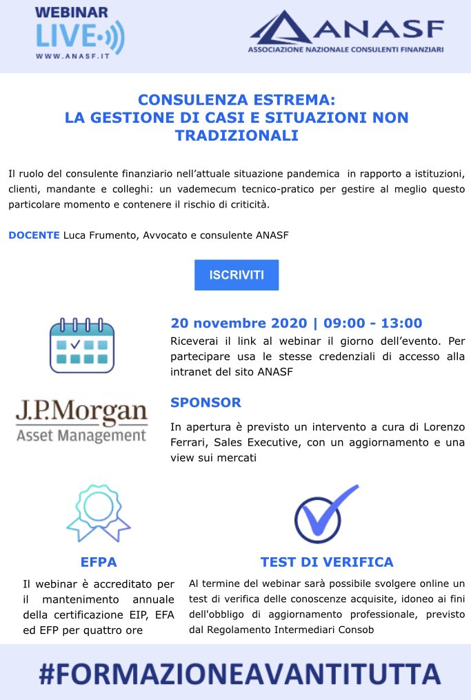 #formazioneavantitutta

👉 il 20 novembre il webinar dell’Avvocato Frumento sulla Gestione dei Casi e delle Situazioni non tradizionali. 

Quattro ore di formazione targate <a href="/anasfCF/">Anasf</a> e valide per il mantenimento <a href="/EfpaItalia/">EfpaItalia</a> 

Info ed iscrizioni: anasf.it/webinar/10408