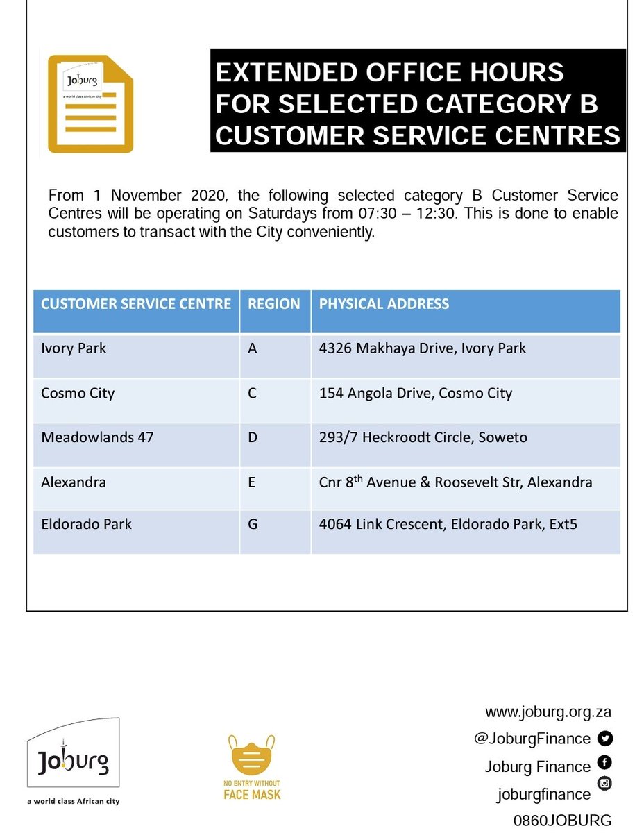 CityofJoburgZA's tweet image. From 1 Nov 2020, the following selected category B Customer Service Centres will be operating on Saturdays from 07:30–12:30. This is done to enable customers to transact with the City conveniently. #JoburgServices ^PS