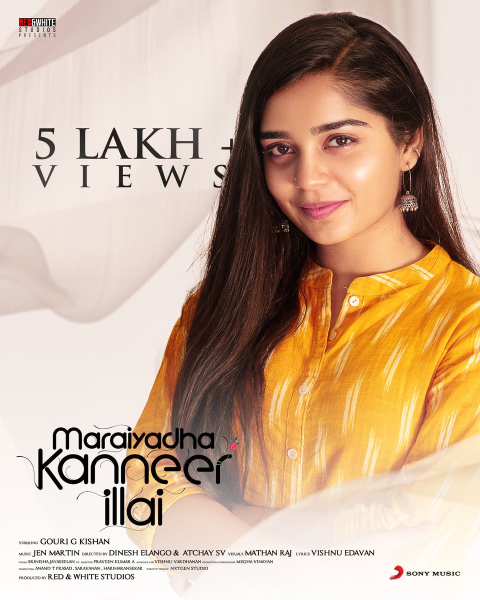 redwhitestudios's tweet photo. #maraiyadhakanneerillai crosses over 5Lakh ☺️

Thank you for all the love 💕

https://t.co/pTtAFd7hS1

@Gourayy
@mathanrajoffl @DineshElango_ @AtchaySv @JenMartinmusic @SonyMusicSouth @Vish_Offl https://t.co/MiYAMoFXLl