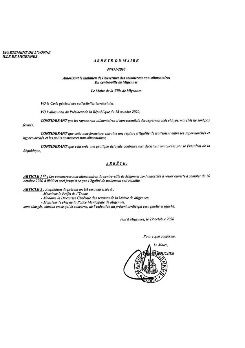 Migennes (7000 habitants, Yonne). Le maire autorise, par arrêté, les commerces non alimentaires à rester ouverts.
Motif: l'inégalité de traitement, alors que les zones commerciales continuent à vendre des produits "non essentiels".
La France peut cesser de tuer ses villes.