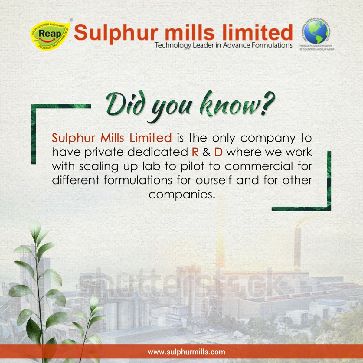 MillsSulphur's tweet photo. Did you know that Sulphur Mills Limited is the 1st company in India to introduce the concept of Sulphur WDG as a Fertilizer and 1st to register a high loading sulphur based fertilizer with patented WDG technology.
#sulphurmills #agrochemicals #fertis #technoz #reap #sumil https://t.co/1z4CI07RnG