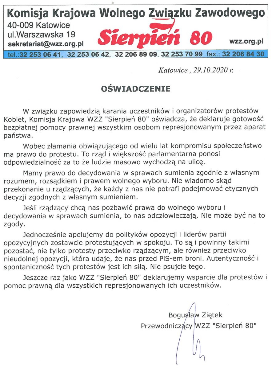Oświadczenie WZZ Sierpień 80 w sprawie strajku kobiet