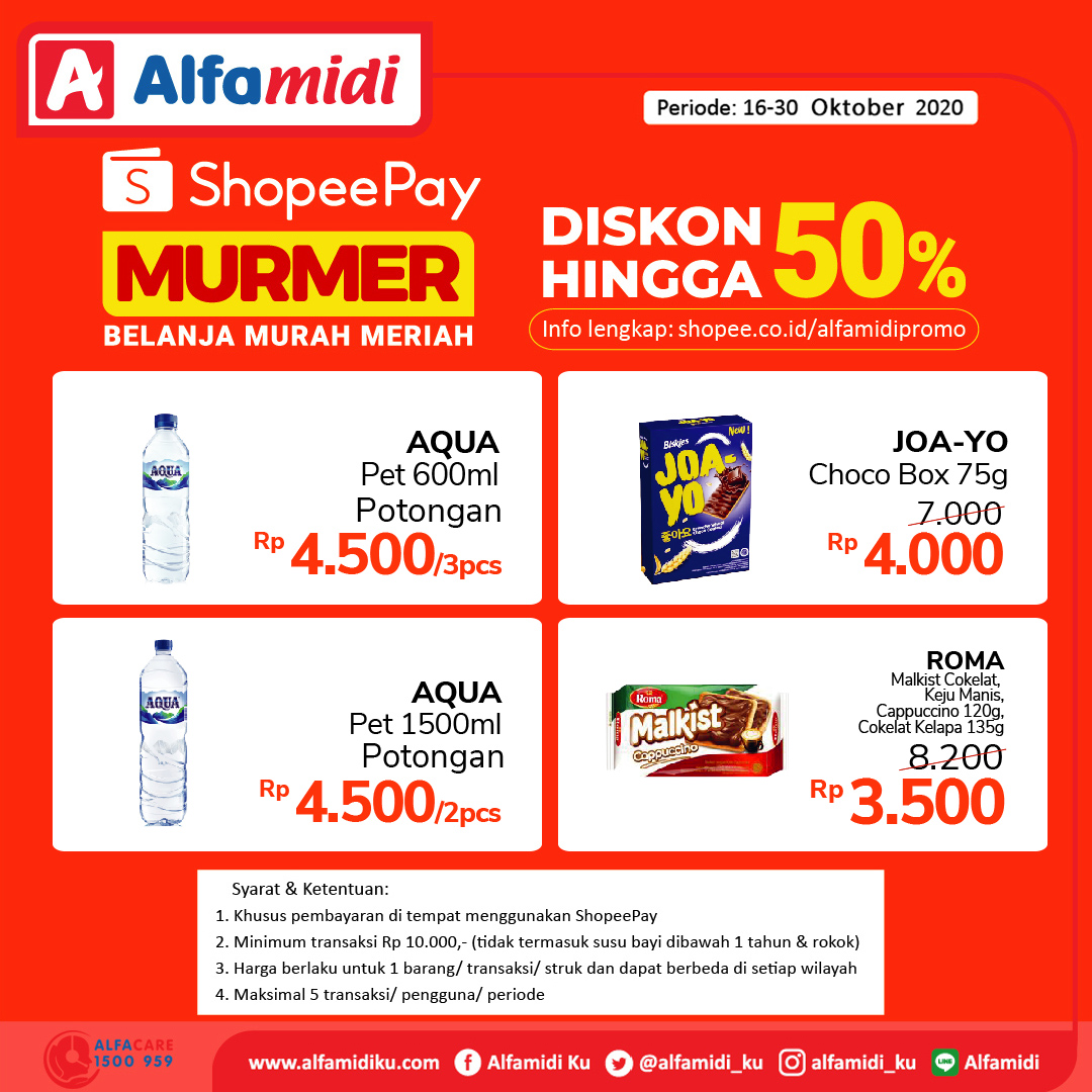 memoraradio's tweet photo. Belanja murah meriah dengan ShopeePay! Dapatkan diskon hingga 50% untuk produk-produk favoritmu yang tercantum pada gambar.
#AyokeAlfamidi #AlfamidiHadirMelayani https://t.co/dxXvMcLgI4