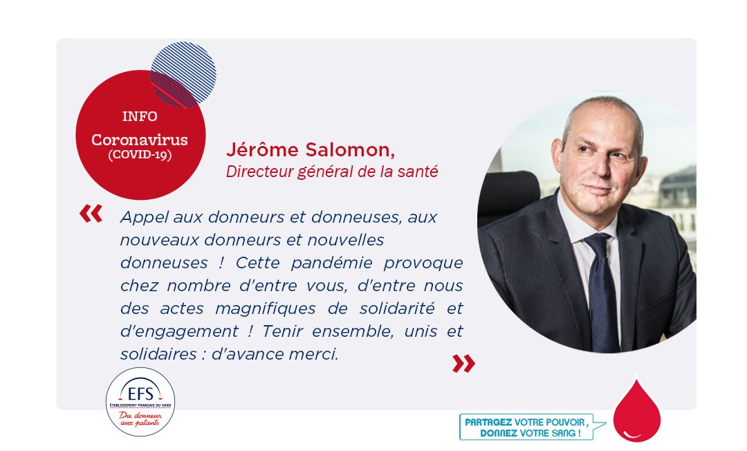 EFS_dondesang's tweet photo. [#DonDeSang #Covid19] Le Pr. Jérôme Salomon, Directeur général de la santé @MinSoliSante, appelle les donneurs à poursuivre la mobilisation citoyenne.

➡️ https://t.co/yUsp71f7wg https://t.co/twyqn0bdWq