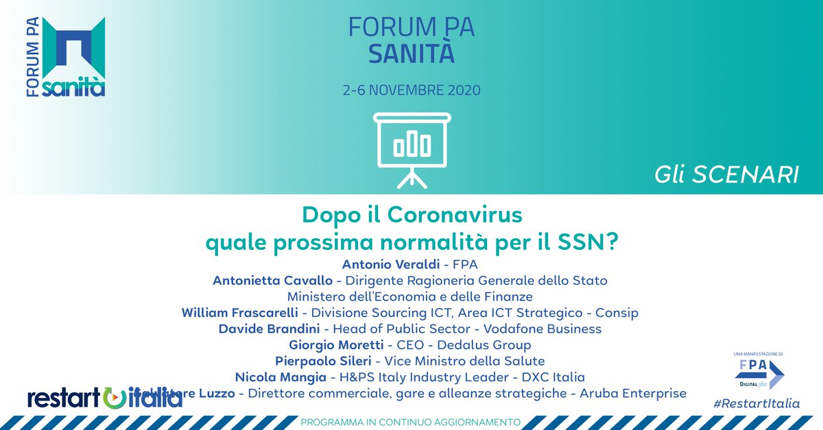 FPA_net's tweet photo. Dopo il Coronavirus, quale prossima normalità per il SSN?
🔬Il focus a #FORUMPASanità #RestartItalia il 4 novembre 👉https://t.co/hywBJdbfL6
@antonio_veraldi #AntoniettaCavallo @WFrascarelli #DavideBrandini #GiorgioMoretti @piersileri #NicolaMangia #SalvatoreLuzzo #DedalusGroup https://t.co/o53eQ6jXof