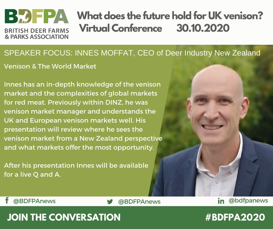 BDFPAnews's tweet photo. Our first speaker of #BDFPA2020 is Innes Moffat, chief executive of Deer Industry New Zealand. We are looking forward to hearing his insights, both from a New Zealand perspective and from the global market view. #deerfarming #parkdeer https://t.co/QxbNUydBCL