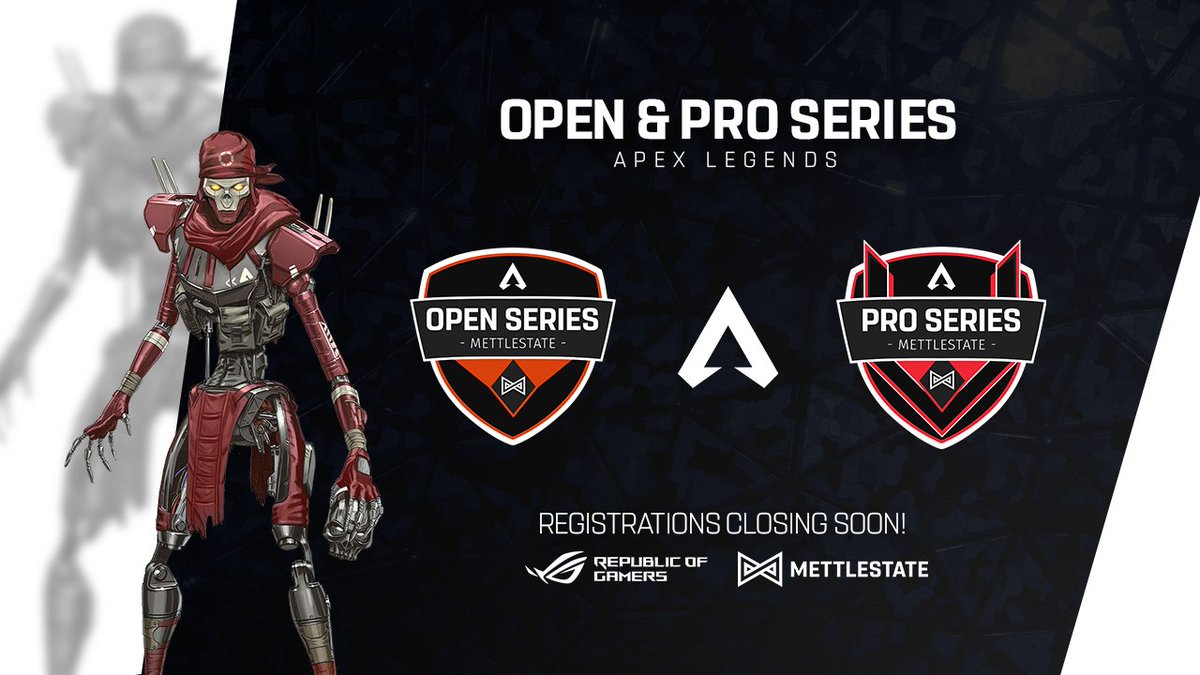 Mettlestate's tweet photo. It's your LAST chance to enter the Apex series! Registrations are open for just a few more hours here: https://t.co/Y86e7TCQ44 Don't miss the chance to compete with SA's finest Apex players on CUSTOM SERVERS ๐ช @ASUS_za #ForgeApex https://t.co/MSl8vEq0aZ