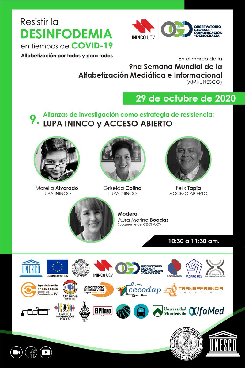 ININCOUCV's tweet photo. “Las alianzas son hoy en día nuestras mayores fortalezas” Morella Alvarado junto a Griselda Colina, Felix Tapia y Aura Marina Boadas...
#InincoUCV #ComunicandoDemocracia #HazDemocracia
#9naSemanaMundialAMI #ResistirlaDesinfodemia #GlobalMILWeek2020 https://t.co/KHEpl6NgBL