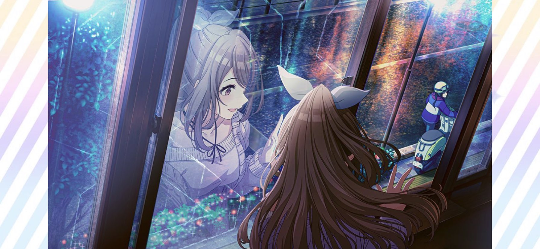 きりん シャニマスの 冬 どかんね のイラスト的な面白さを語りたい 原付を押してる三峰を月岡恋鐘が見送っているイラスト だけど 実はここ 窓が開いてる状態だから恋鐘はガラスに反射しているわけではない つまりは 空中に浮いた状態である しかし