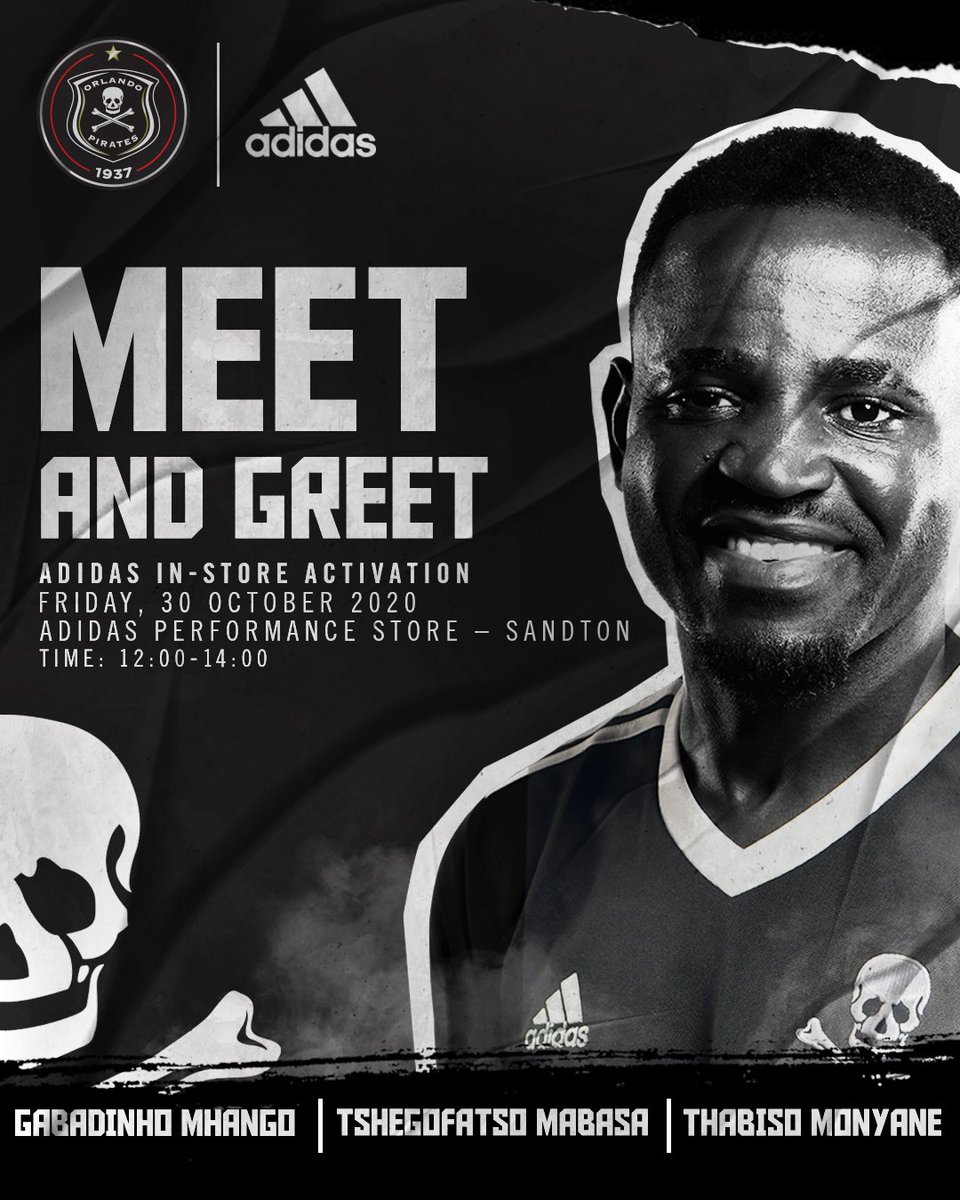 ☠ 🤩𝗠𝗘𝗘𝗧 & 𝗚𝗥𝗘𝗘𝗧🤩
📢 Come meet the players ahead of tomorrow's #MTN8 #SowetoDerby 😃
🏆 Buy the official 20/21 @orlandopirates × @adidasZA jersey & you could WIN!
🕛 12pm - 2pm
📅 30.10.2020
📍 @adidas Performance Store, Sandton City
⚫⚪🔴⭐
#ReadyForSport
#OnceAlways