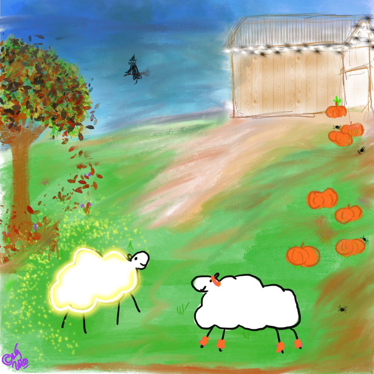 Larrythelumosh1's tweet photo. It’s Halloween Eve, is that a thing?! Spring and I are telling spooky tales to each other by the barn (not too spooky though!) Have a great Halloween eve and fill it with spooky glow ✨🎃👻🐑👻🎃✨ #HalloweenEve #spookytales #KeepOnGlowing #LarryTheLumoSheep #amauthor #BookOutNow https://t.co/KJJ08gT6Po
