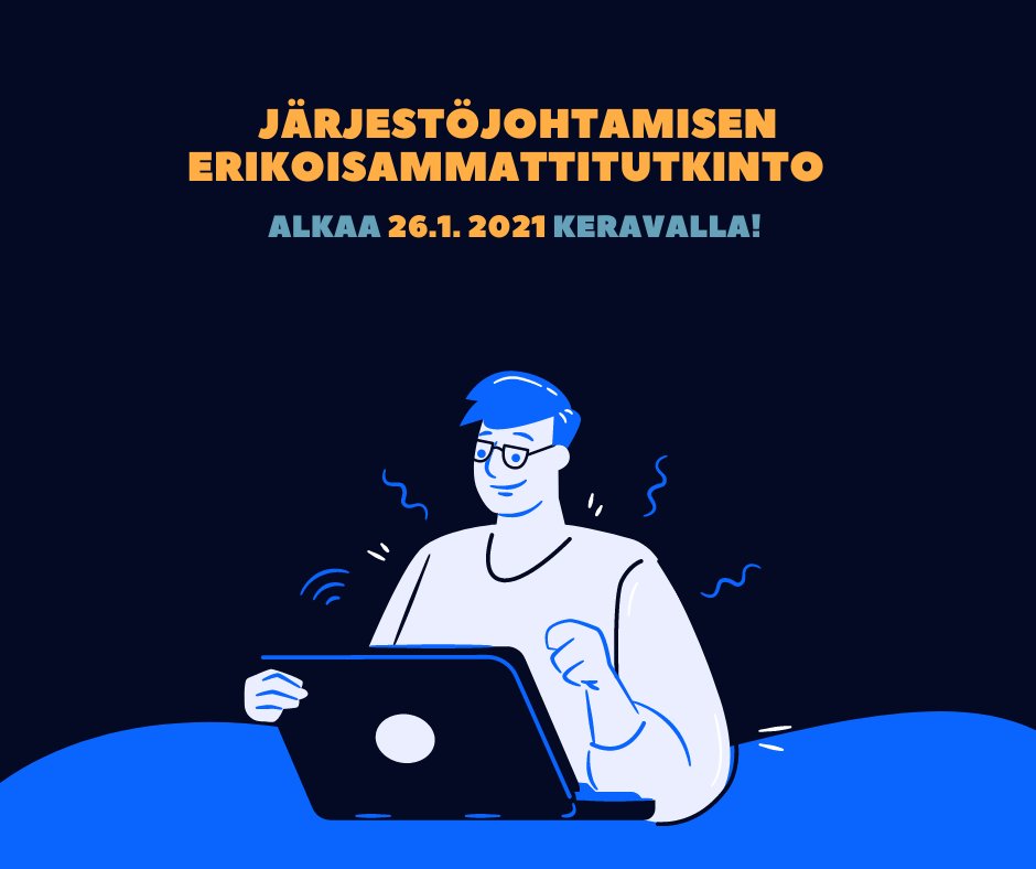 Järjestöjohtamisen erikoisammattitutkinto! <a href="/Keuda_Ammattiin/">Keuda</a> ja <a href="/aattocreative/">Aatto</a> yhteistyössä kehittämässä ja tukemassa järjestöjohtoa ja esimiehiä: hae nyt mukaan -> bit.ly/3egnJrt
 #järjestöjohtaminen #erikoisammattitutkinto #johtaminen #järjestöt #osaaminen