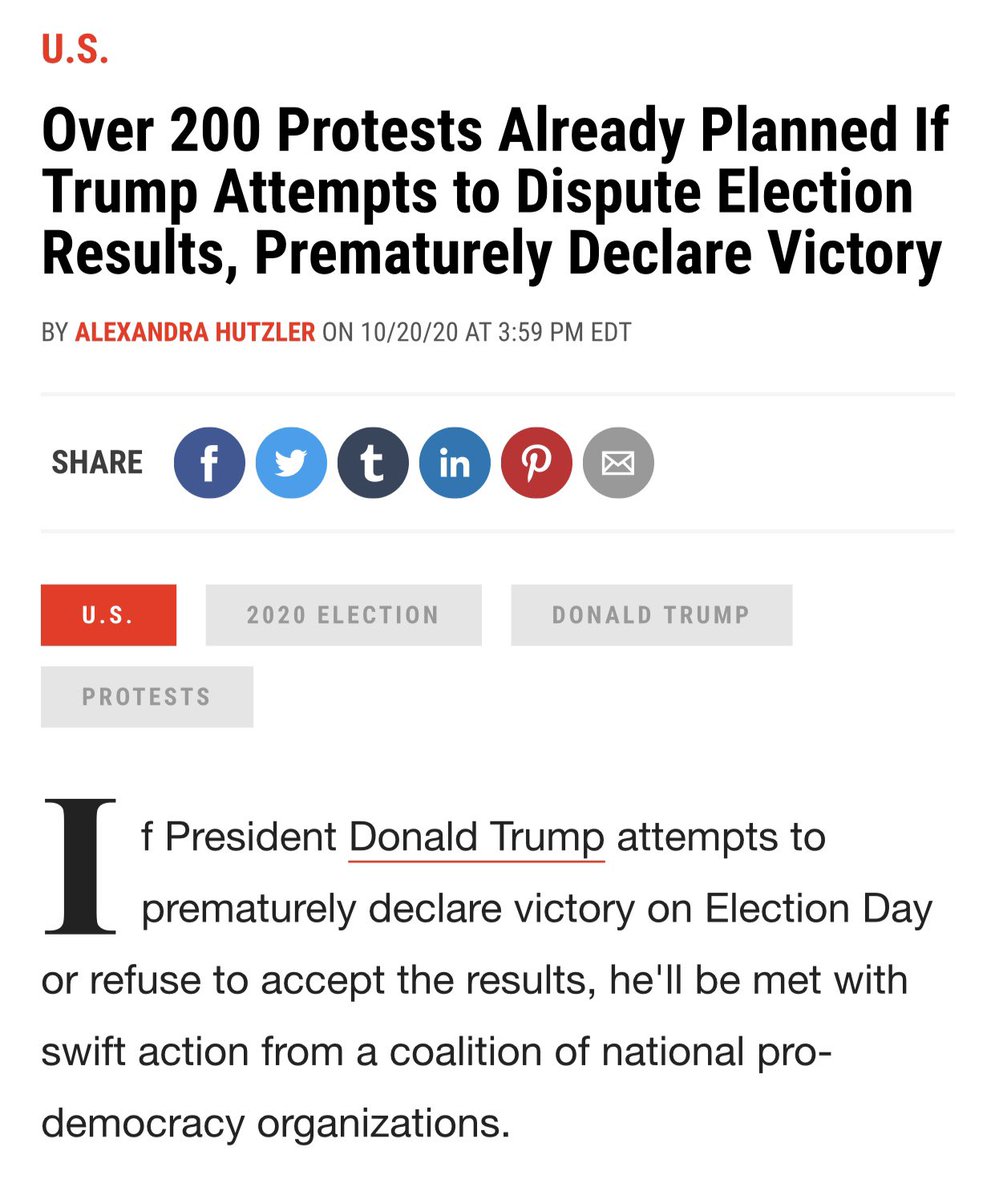 If Trump wins, he’s “prematurely declared victory”.Why? Because of mail in ballots, which were pushed by Sean Eldridge, who is also organizing the protests.Meanwhile, Sean Eldridge is married to the co-founder of Facebook, which will censor all opposition.