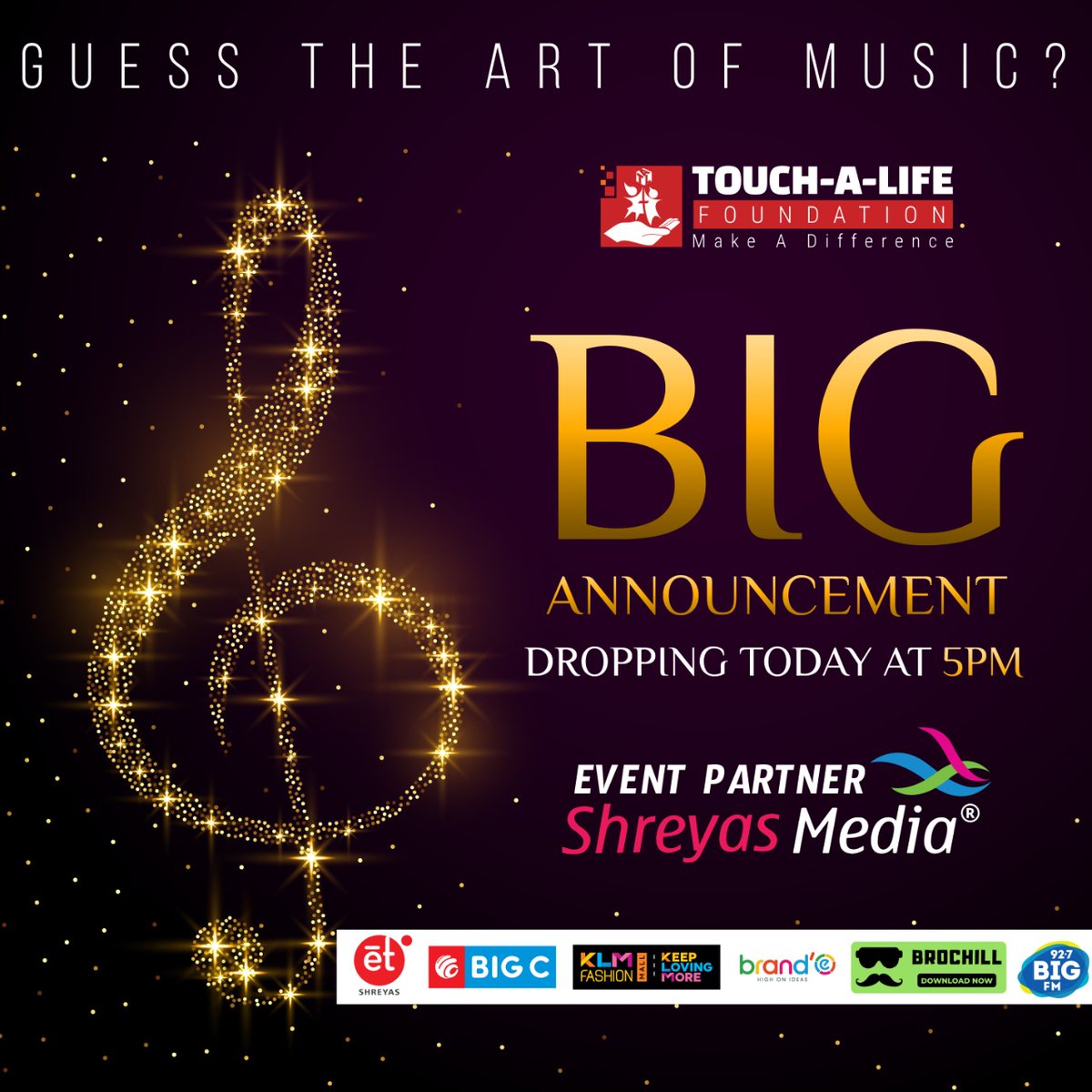 shreyasmedia's tweet photo. Get ready for a Big Announcement today at 5PM 🤩
Guess the Art Of Music 🎶
#BigC #KLM @ShreyasET #Brandee @BrochillApp @shreyasgroup #EventPartnerShreyasMedia @talgiving https://t.co/xQYuwF7Ug8