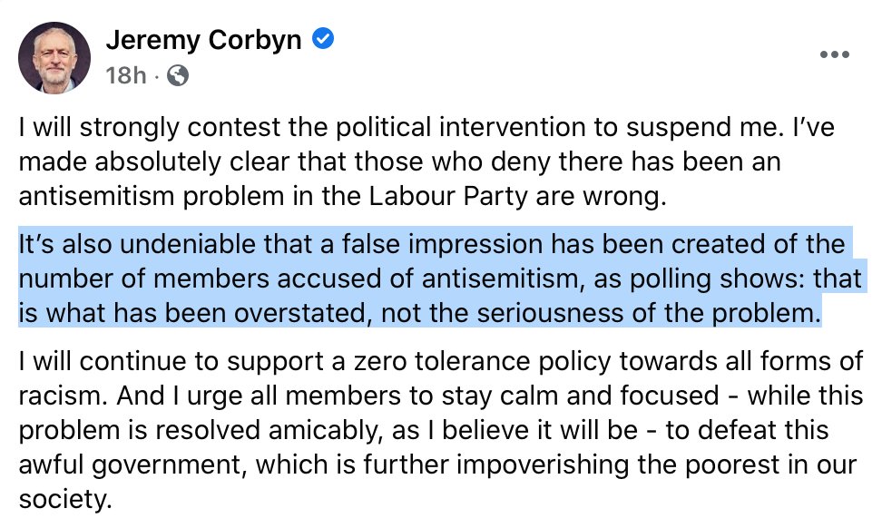 He has attempted to finesse (after he was suspended) - referring to polling about a "false impression" being created "of the number of members accused". But he doesn't renege from the central point inferring the crisis has been largely confected by internal enemies and media