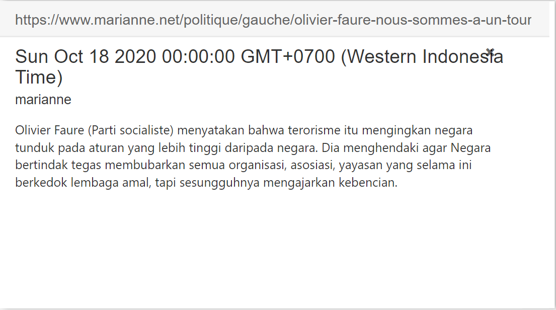 Kita mulai dari pernyataan Partai Sosialis (Kiri), dari pernyataan  @faureolivier. Pemahamannya ttg terorisme sebenarnya = pemahaman  @EmmanuelMacron ttg "séparatisme islamiste", plus dia minta agar negara tegas bubarkan organisasi, asosiasi, dll yg sebarkan ujaran kebencian.