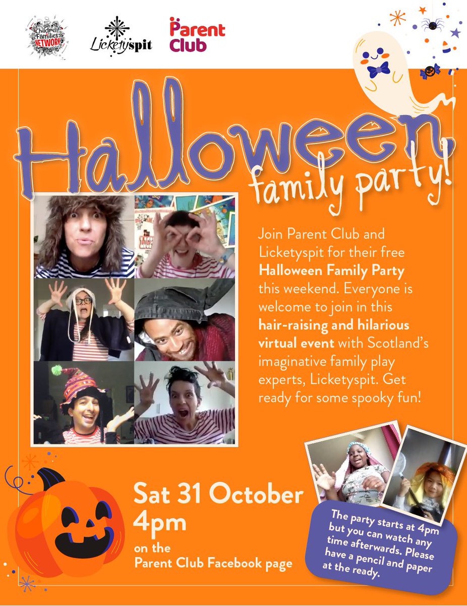 Join <a href="/parentclubscot/">Parent Club Scotland</a> and <a href="/LicketyTweet/">Licketyspit Theatre & Play Company 🧡</a> for a free Halloween Family Party 🎃🥳

All welcome to join! 

Party starts 4pm but can be watched any time after. Ready for some spooky fun👻#ParentClubScot #Halloween
