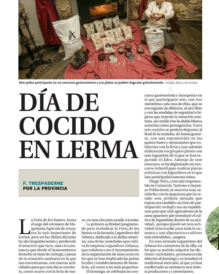 LermaTurismoCIT's tweet photo. El 1 de noviembre es la "Feria de Todos los Santos" y este año con la I Jornada de Legumbres Arlanza con el Concurso interpeñas. Colaboran diferentes bares y restaurantes de la villa, para degustar la alubia blanca arrocina.
Por @diariodeburgos 
#LermaTeEspera #VamosLerma https://t.co/FlydiIfTCv