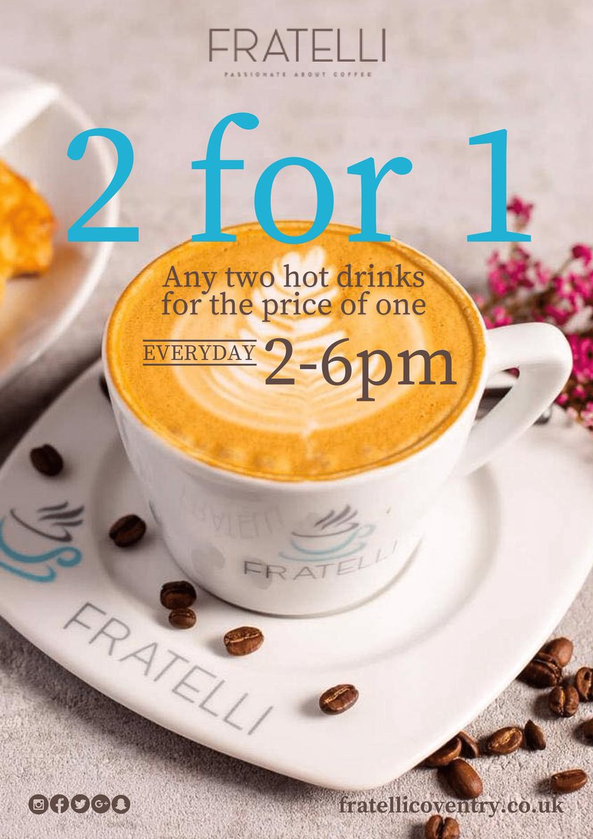 Your last chance to get 2 for 1 on hot drinks between 2pm and 6pm.☕️💙

Don't miss out #Coventry #cafelife <a href="/covhour/">#COVHOUR</a> <a href="/VisitCoventry/">Visit Coventry</a>