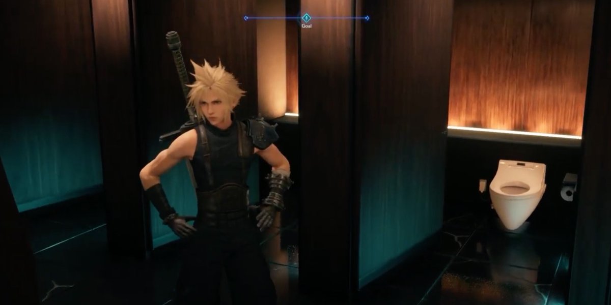 aitaikimochi's tweet photo. The Shinra building bathrooms are actually modeled after the Square Enix building's bathrooms (at their JP headquarters).

#FF7RMUltimania, Staff Environmental Artist Kunimoto https://t.co/E6C3IujXDV