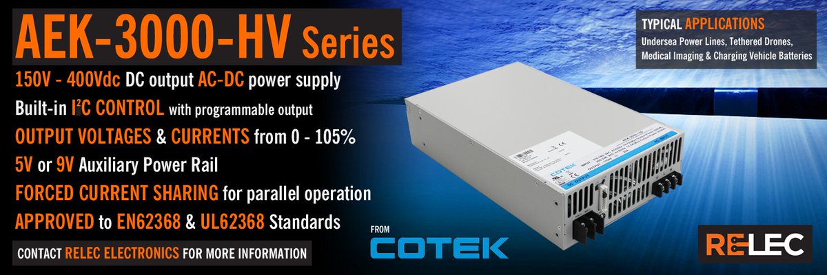 RelecElectronic's tweet photo. 🌟 The #AEK-3000-HV Oring Diode Series is a suite of #3kW AC-DC power supplies, with outputs of 150, 200, 250, 300, and 400Vdc, from #Cotek.
https://t.co/ASjane26oH
Suitable for undersea #power lines 🌊 tethered #drones 🛩 #medical imaging 👨⚕️🏨 & #charging vehicle #batteries 🚗💨 https://t.co/fEjlwrpaKx