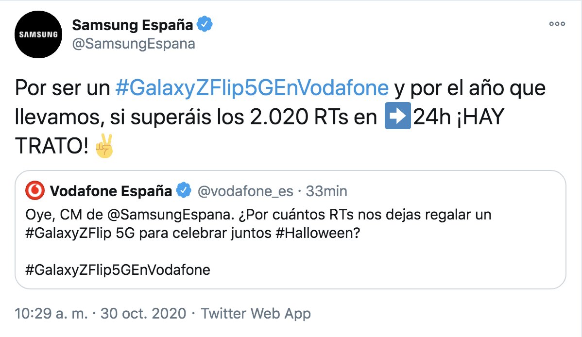 vodafone_es's tweet image. 🎃 ¡Atención! 🎃 Si este tuit llega a 2020 RTs en menos de 24 horas sorteamos un #GalaxyZFlip5G entre todos los que nos sigáis y hagáis RT.
 
 #GalaxyZFlip5GEnVodafone