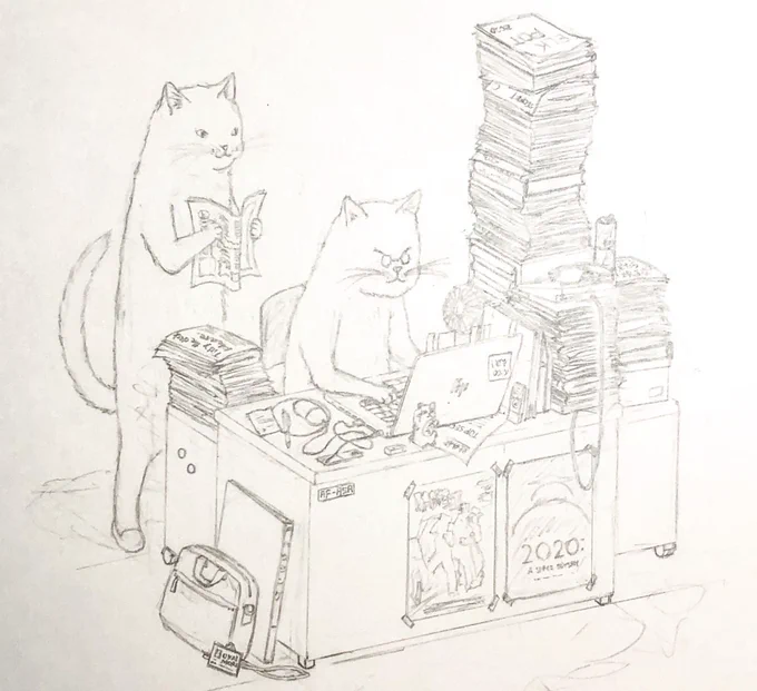 【ご依頼絵"物書きの猫"✏️】
ほぼ鉛筆の下描きは完了。
タボウを極めし者だけが構築できるという書類タワーもあります?
#制作途中  #イラスト 
