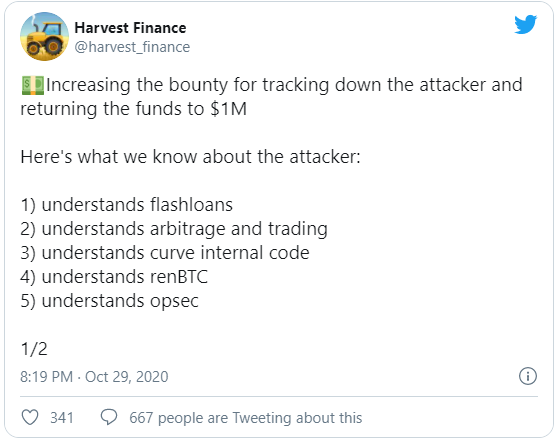 fun_gmb's tweet photo. #DeFi project #harvestfinance has increased the bounty for helping to recover funds stolen from the platform. Instead of the initial $100K, developers are ready to pay $1KK.
Harvest Finance asks not to disclose the identity of the attacker, but to focus on recovering funds. https://t.co/nbSMHiUQUi