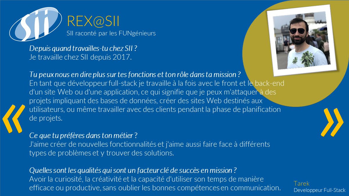 ✨1 jour = 1 talent.
Suivez les REX des collaborateurs <a href="/SII_Atlantique/">SII Atlantique</a> 
Aujourd'hui Tarek présente sa mission en tant que Développeur Full-Stack

⚡Vous voulez rejoindre l'équipe ? C'est par ici : lnkd.in/gNCjg26

#recrutement #ingénieur #transformationnumérique