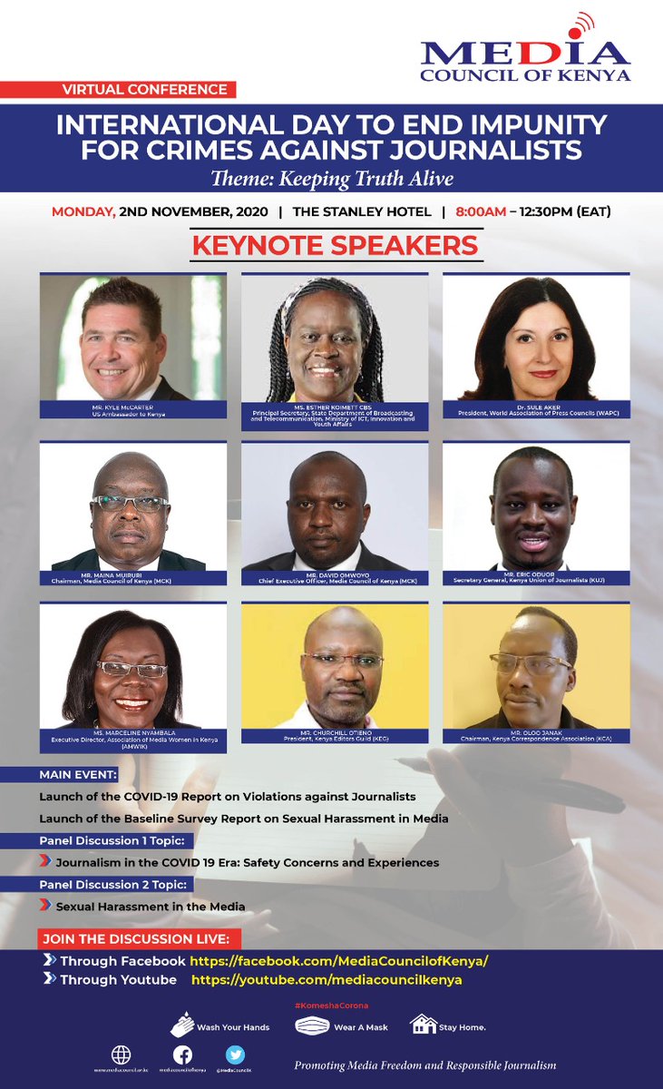 Find speakers during the International Day to End Impunity for Crimes Against Journalists. #IDEI2020
#KeepTruthAlive
#KeepTruthAliveKE