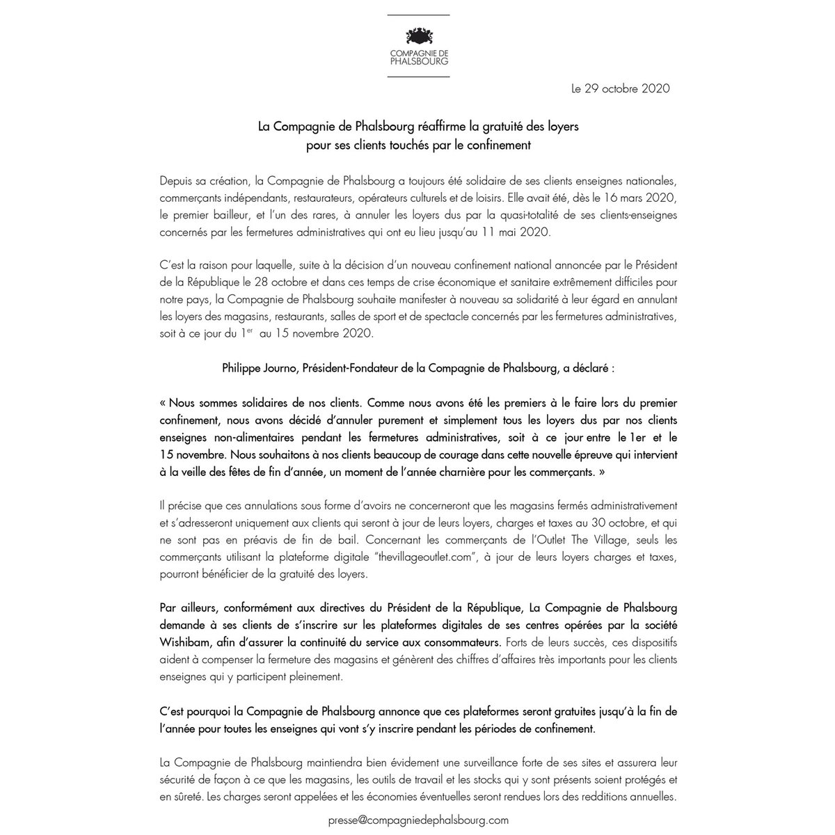 🔴 La Compagnie de Phalsbourg réaffirme la gratuité des loyers pour ses clients touchés par le confinement

Nous leur souhaitons beaucoup de courage dans cette nouvelle épreuve qui intervient à la veille des fêtes de fin d’année un moment de l’année charnière pour les commerçants