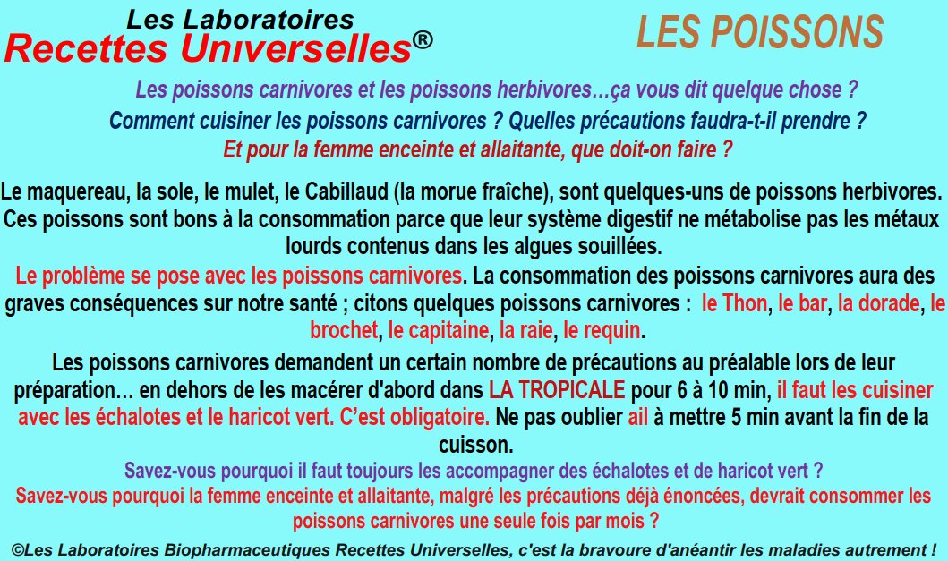 RecettesUHealth's tweet image. Les poissons carnivores et les poissons herbivores…ça vous dit quelque chose ? 

Les Laboratoires Biopharmaceutiques Recettes Universelles répondent à ces questions...
Lisez la publication en suivant le lien :

drive.google.com/file/d/1jD9AlW…

#LesLaboratoiresRecettesUniverselles