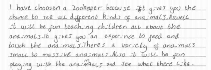 In fact, the score of 533 is about the same as that achieved in our most recent Year 5 assessment from November 2019. Here’s an example of a piece of writing with the mean Year 7 score of 533.