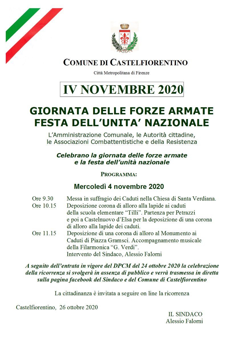 TurismoCastelFi's tweet photo. Mercoledì 4 novembre sarà possibile seguire in diretta le celebrazioni in occasione della "Giornata delle forze armate e dell'unità nazionale".
#4novembre #giornataforzearmate #unitànazionale
#eventoonline https://t.co/rY8aLQSMSV