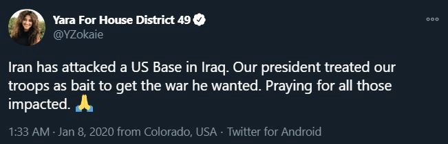 17) @YZokaie, running for Colorado State House District-endorsed by NIAC-Zokaie pushes the old Tehran talking point of “No war with Iran.”-claims Iran’s response to Covid-19 has been better than that of America