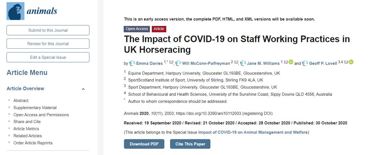 Emma_Dave's tweet photo. So my paper is now available online! Click here to read about how COVID-19 has affected the staff working in the horseracing industry: https://t.co/Ma9weG65NM #horseracing #staffing #workingpractice #openaccess @Animals_MDPI @jmwilliams106 @WillMcConn https://t.co/MiAaNXBOZY