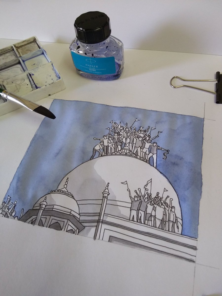 *An ominous gatheringToday's sketch is the one of simplest ones I've done in this challenge. Began with a detailed line drawing in ink, followed by a few blue & black ink washes to build light & shade. Midway, I suddenly changed the sky from a cloudy to a clear one!WIP pics: