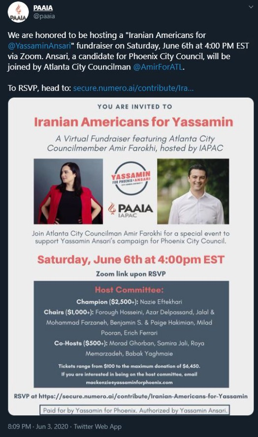 18) @YassaminAnsari, running for Phoenix City Council in District 7Ansari is endorsed by Iran lobby group PAAIA and fully supported by NIAC, another Iran lobby group.