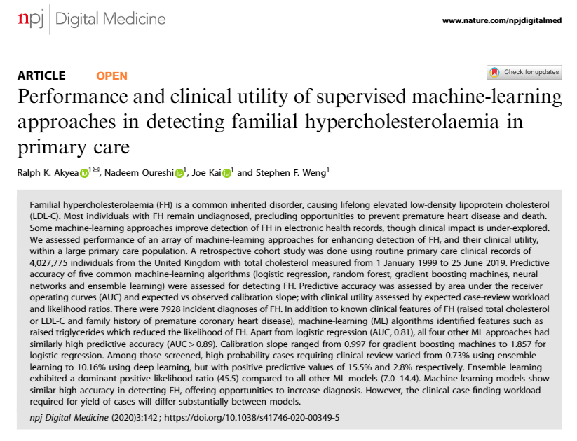 Ralph K Akyea (@rkakyea) on Twitter photo Our latest <a href="/NIHRSPCR/">NIHR School for Primary Care Research</a>-funded research on detecting FH in primary care has been published with npj Digital Medicine. Read here: doi.org/10.1038/s41746…
<a href="/StephenFWeng/">Stephen Weng</a>, Prof. Nadeem Qureshi, Prof. Joe Kai #npjdigitalmed Our latest <a href="/NIHRSPCR/">NIHR School for Primary Care Research</a>-funded research on detecting FH in primary care has been published with npj Digital Medicine. Read here: doi.org/10.1038/s41746…
<a href="/StephenFWeng/">Stephen Weng</a>, Prof. Nadeem Qureshi, Prof. Joe Kai #npjdigitalmed