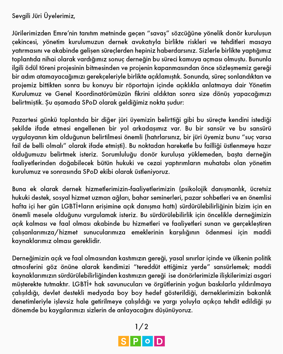 spodlgbti's tweet photo. Şugariyet Ödül Töreni sürecinde yaşananları, törenle ilgili bizimle çalışacak olan herkese ve elbetteki hem ayrılan hem de bizimle devam eden jüri üyelerimize 14.10.2020 tarihinde aşağıdaki metinle duyurduk. Metinde meramımız, sınırlarımız ve koşullarımız anlatılmaktadır. https://t.co/uHJVY53T73