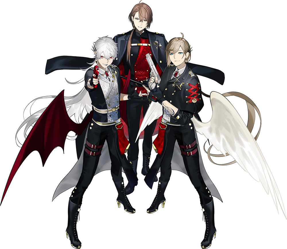 kuzuha (nijisanji) wings handgun gun weapon brown hair multiple boys holding gun  illustration images