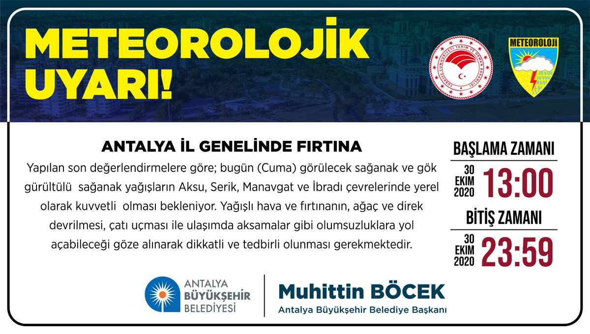 Meteoroloji Bölge Müdürlüğü'nün Antalya'da fırtına uyarısı gereğince Büyükşehir Belediyesi olarak tüm tedbirlerimizi aldık. Vatandaşlarımızın uyarılara dikkat etmelerini, tedbirli davranmalarını rica ediyoruz. ⛈️ ☔