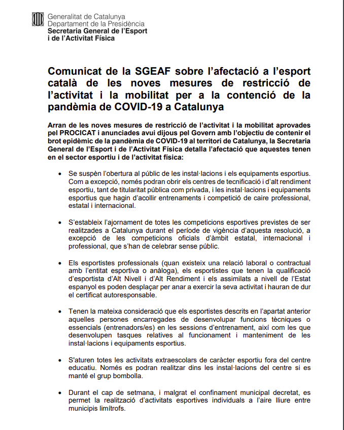 rugby_cat's tweet photo. ⚠️Recordatori⚠️
Adjuntem el comunicat de la Secretaria General de l’Esport i de l’Activitat Física (SGEAF) amb les noves mesures per aplicar al món de l’Esport. https://t.co/qqcVUpamjl