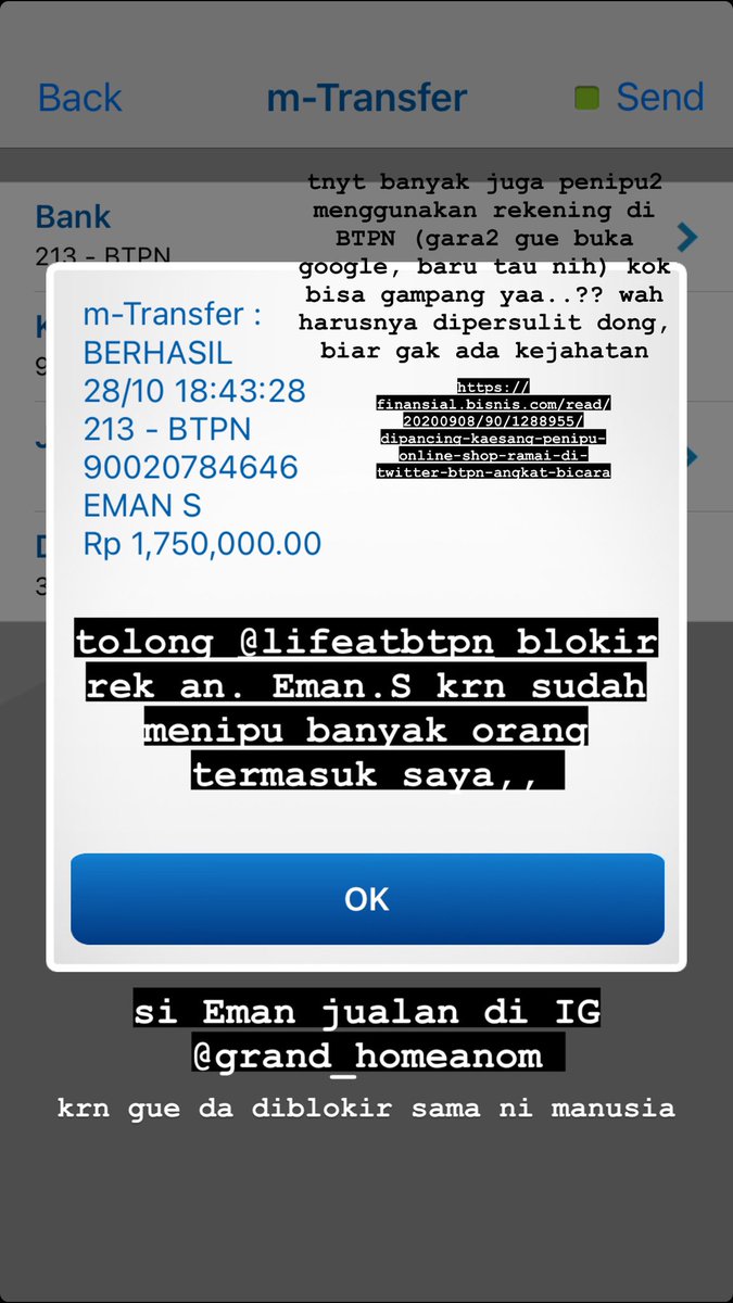 mizpnmdn's tweet photo. @sahabatBTPN @btpnWOW tolong di blokir ni rekening penipu an. Eman.S krn saya ada bli belanja online melalu IG nya @grand_homeanom sudah saya bayar lunas, tp dia minta uang jaminan 1.500rb,, gilakkk https://t.co/SBqiH0i21m
