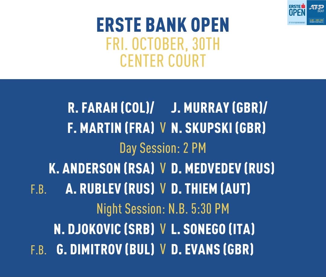 Today's matches on Center Court
#ErsteBankOpen https://t.co/CqO9GbYCyX