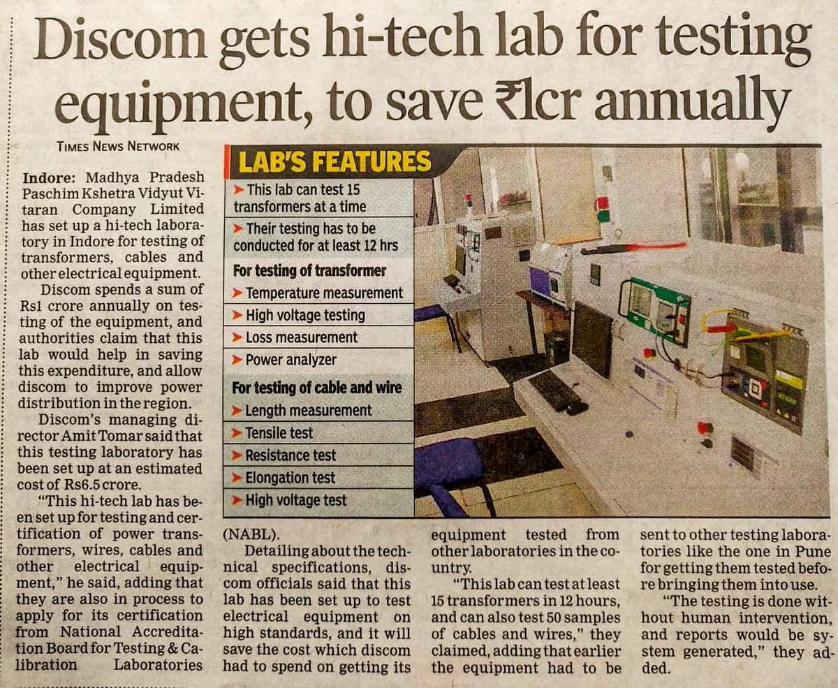 #WestDiscom #HiTech #Laboratory #Transformers #Cables #ElectricalEquipment #Testing #TemperatureMeasurement #HighVoltage #LossMeasurement #LengthMeasurement #Power #Mppkvvcl #Mpeb #Indore