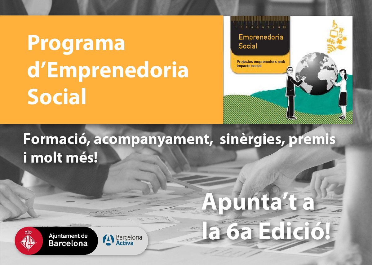 S'obren les inscripcions a la 6na edició del Programa d'emprenedoria social de <a href="/barcelonactiva/">Barcelona Activa</a> ! Programa híbrid amb formació online, suport i acompanyament per engegar el teu projecte de transformació social! Més informació aquí: bit.ly/3jFbtSr 📚💻💡